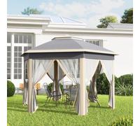 Outsunny 3 x 4m Garden Gazebo Hexagon Pop Up Gazebo Party Tent Canopy Double Roof Instant Shelter with Netting and Carry Bag for Outdoor Patio, Khaki Khaki