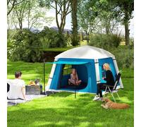 Outsunny Inflatable Camping Tent w/ Hand Pump, Easy Setup 1/2 Person Blow Up Tent Waterproof 190T Taffeta w/ Mesh Windows, Doors and Carry Bag, Light Blue Blue