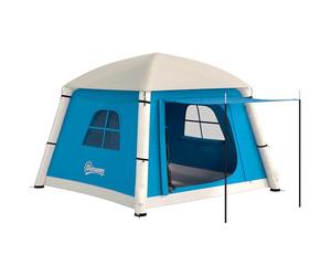 Outsunny Inflatable Camping Tent w/Hand Pump, Easy Setup 1/2 Person Blow Up Tent Waterproof 190T Taffeta w/Mesh Windows, Doors and Carry Bag, Light Blue