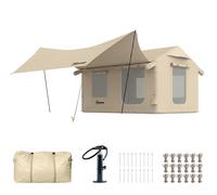 Outsunny Inflatable Camping Tent with Pump, 4 Season Blow Up Tent 3000mm Waterproof & Windproof, with Stove Jack, Detachable Canopy and Sewn-in Groundsheet for 6-8 Person, Instant Setup, Khaki