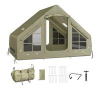 Outsunny Inflatable Camping Tent with Pump, Stove Jack Hole, Easy Setup 2-4 Person Family Blow Up Tent, Waterproof Glamping Luxury Inflatable Tent, Mesh Windows, Doors, Hook, Carry Bag, Olive Green