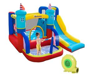 Outsunny Kids Bouncy Castle, 4 in 1 Large Sailboat Style Inflatable House Slide Trampoline Water Pool Climbing Wall with Blower Carrybag for Kids Age 3-8, 2.65 x 2.6 x 2m