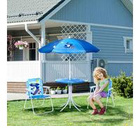 Outsunny Kids Outdoor Bistro Table and Chair Set, Folding Garden Furniture w/ Shark Design, Removable, Adjustable Sun Umbrella, Ages 3-6 Years - Blue Blue