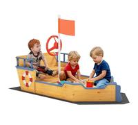 OUTSUNNY Kids Wooden Sandbox Pirate Ship Sandboat with Bench Seat Storage Space in Brown Outsunny Brown