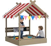 Outsunny Sand Pit with Canopy, Blackboard, Toys, Sink, Seats, Flags for Kids, Grey