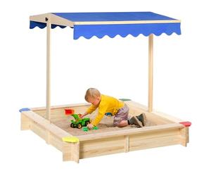 Outsunny Kids Wooden Sand Pit Children Square Sandbox Outdoor Playset Play Station Adjustable Canopy Bench Seat 120x120x120cm