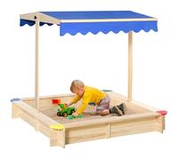 Outsunny Kids Wooden Sand Pit Sandbox Children Square Outdoor Playset Adjustable Canopy Bench Seat 120x120x120cm