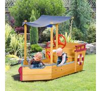 OUTSUNNY Kids Wooden Sandbox, with Canopy Bench Seat Storage Space, Aged 3-8 Year in Orange Outsunny Orange