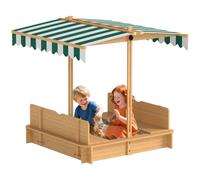 Outsunny Kids Wooden Sand Pit with Lids, Children Sandbox Height Adjustable Canopy for Garden, Convertible Bench Outdoor Garden Playset, Blue and White Canopy Green