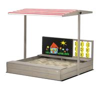 Outsunny Kids Wooden Sand Pit with Non-Woven Fabric Two Seats Canopy Grey | Children Sandbox, for Gardens, Playgrounds
