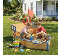 Outsunny Kids Sand Pit, Children Pirate Ship Sandbox with Bench, Bottom Liner, Seat, Natural Wood Tone