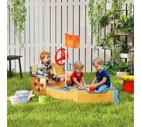 OUTSUNNY Kids Wooden Sandbox Pirate Ship Sandboat with Bench Seat Storage Space in Brown Outsunny Brown