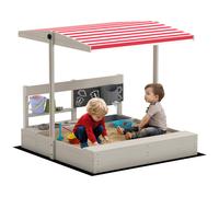 OUTSUNNY Kids Sandbox Wooden Sand Pit with Canopy, Kitchen Toys, Seat, Storage in Grey Outsunny Grey