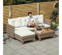 Outsunny L Shaped Garden Conversation Chaise Lounge Furniture, Charcoal Grey - Cream - Polyester, Steel, PE Rattan - 128W x 66D x 66H cm