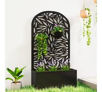 Outsunny Metal Raised Bed for Garden with Trellis, Wall Mounted or Freestanding Raised Planter with Curved Privacy Screen, Leaves Cut-Out Trellis Planter for Climbing Plants, Flowers, Vegetables