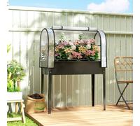 OUTSUNNY Metal Raised Planter with Flip-Up Greenhouse, Drainage Hole, Black Outsunny Black