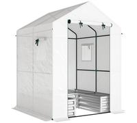 Outsunny Mini Greenhouse with Raised Garden Bed, Galvanised Walk-in Greenhouse with Roll Up Windows, 56" x 56" x 75", White