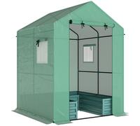 Outsunny Mini Greenhouse with Raised Garden Bed, Galvanised Walk-in Greenhouse with Roll Up Windows, 56" x 56" x 75", Green