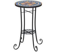 Outsunny 35.5cm Round Mosaic Garden Side Table Plant Stand w/ Shelf - Blue | TJ Hughes