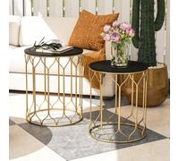 Outsunny Nesting Small Garden Table Set of 2 with Marble Effect Top, Black, Black