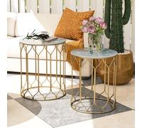 Outsunny Nesting Small Garden Table Set of 2 with Marble Effect Top - Multicoloured | TJ Hughes