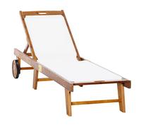 Outsunny Outdoor Acacia Wood Texteline Beach Sun Lounger Garden Patio Sunbed Recliner Chaise Adjustable Backrest with Wheels White