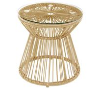 Outsunny Outdoor Coffee Table, Round PE Rattan Side Table with Tempered Glass Table Top, Hollow Drum Design for Garden, Balcony, Patio, Natural Natural Wood Finish