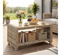 Outsunny Outdoor Coffee Table With Storage Shelf And Slatted Top, Light Brown
