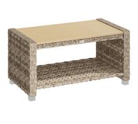Outsunny Outdoor Coffee Table with Storage Shelf, PE Rattan Side Table with Slatted Top and Foot Pads, Light Brown