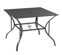 Outsunny Outdoor Dining Table 94x94cm with Parasol Hole, Four-Seater Garden Table with Slatted Metal Plate Top, Dark Grey Aosom UK