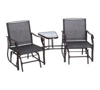 Outsunny Outdoor Double Glider Rocking Chairs with Glass Top Middle Table, Metal Gliding Love Seat Conversation Furniture with Breathable Mesh Fabric Seat, for Garden, Patio, Black Grey