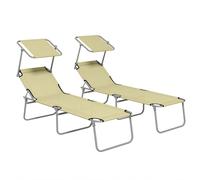 Outsunny Outdoor Foldable Sun Lounger Set of 2, 4 Level Adjustable Backrest, Reclining Chair with Angle Adjust Sun Shade Awning, Beige
