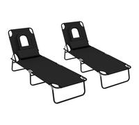 Outsunny Outdoor Foldable Sun Lounger Set of 2, 4 Level Adjustable Backrest Reclining Sun Lounger Chair with Pillow and Reading Hole, Black Aosom UK