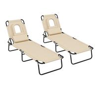 Outsunny Outdoor Foldable Sun Lounger Set of 2, 4 Level Adjustable Backrest Reclining Sun Lounger Chair with Pillow and Reading Hole, Brown Aosom UK