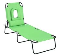 Outsunny Outdoor Folding Sun Lounger with Face Hole, 4 Level Adjustable Backrest Reclining Garden Lounger, Garden Recliner Sunbed with 600 D Oxford Cloth Seat and Pillow for Beach, Brown Green