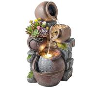 Outsunny Outdoor Fountain with 4-Tier Rustic Pots & Planter, Cascading Waterfall, Garden Fountain with LED Lights, Adjustable Flow, Garden Water Feature for Patio, Terrace, Rustic Brown