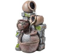 Outsunny Outdoor Fountain with 4-Tier Rustic Pots & Planter, Garden Fountain with LED Lights, Rustic Brown