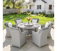 Outsunny Outdoor Garden Rattan Dining Set With Turntable, Marble Effect Glass Table And 6 Armchairs