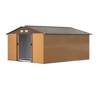 Outsunny Garden Storage Shed 13' x 11' – Galvanised Metal, Double Doors, Light Brown