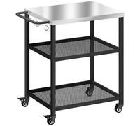Outsunny Outdoor Grill Cart with Stainless Steel Tabletop, 3-Tier Pizza Oven Stand with Adjustable Shelf, Hooks, Wheels, Black