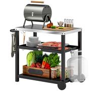 Outsunny Outdoor Grill Dining Cart 3-Shelf Movable Pizza Oven Table Stand with Stainless Steel Top, Portable BBQ Trolley Food Prep Outdoor Kitchen BBQ Station with Hooks Wheels Handle, Charcoal Grey