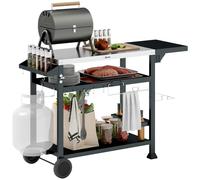 Outsunny Outdoor Grill Dining Cart with Foldable Side table, Stainless Steel Top, Portable BBQ Trolley with 2 Wheels, 6 Hooks, 3-Shelf Movable Food Prep Pizza Oven Table for Kitchen, Patio, Garden Bla