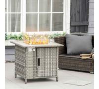 Outsunny Gas Fire Pit Table w/ Rain Cover, Windscreen & Lava Stone, 50,000 BTU - Grey - Steel, PE Rattan, Tempered Glass - 71cmx71cmx62cm