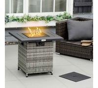 Outsunny Outdoor PE Rattan Gas Fire Pit Table, Patio Square Propane Heater with Rain Cover, Mesh Lid and Lava Stone, 40,000 BTU, Mixed Grey