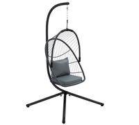Outsunny Outdoor PE Rattan Swing Chair with Cushion, Foldable Basket Patio Hanging Chair with Metal Stand, 360 degree Rotation Spring Hook, Basket Height Adjust with Metal Chain, Grey Grey