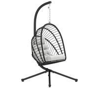 Outsunny Outdoor PE Rattan Swing Chair with Foldable Basket and Cushion, Garden Patio Hanging Egg Chair with Metal Stand, Headrest for Indoor and Outdoor, Black Black