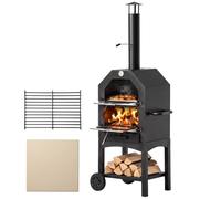 Outsunny Outdoor Pizza Oven 12" Wood Fired Pizza Maker & Charcoal BBQ Grill | Portable 3-Tier, Freestanding, Chimney, Shelf, Grill Grate, Thermometer, Handles, Wheels, Garden Party Gathering Steel Cooker