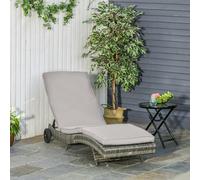 Outsunny Outdoor Rattan Sun Lounger with Reclining Back, Wheels, Dark Grey - Grey - Steel, PE Rattan, Polyester - 207cm x 70cm x 70cm