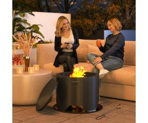 Outsunny Outdoor Round Fire Pit with Lid & Fire Poker | Safe Guard, Stable Base + Floor Mat, Powder-Coat Metal, Wood-Burn, Large Capacity 842-376V00BK