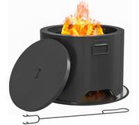 Outsunny Outdoor Round Fire Pit with Lid, Wood Burning Firepit with Fire Poker and Floor Mat for Patio Bonfire BBQ Camping, Black Black